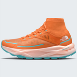 A single The North Face sneaker in bright orange with turquoise accents and a pale pink midsole, shown from the side against a light gray background.
